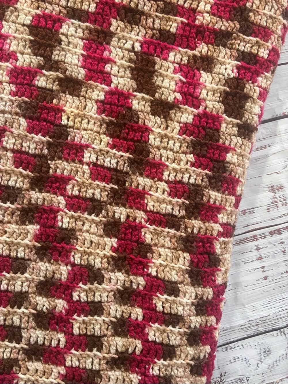 Handmade Crocheted Scarf in Cream, Brown & Red 60” x 60”